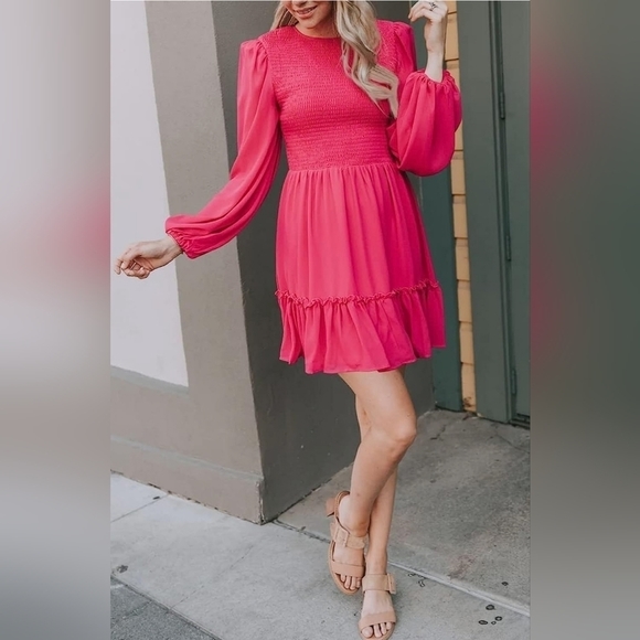 Crewneck Long Sleeve Smocked Ruffle Hem Dress A-Line Flowy Mini Tiered D… - Picture 8 of 10